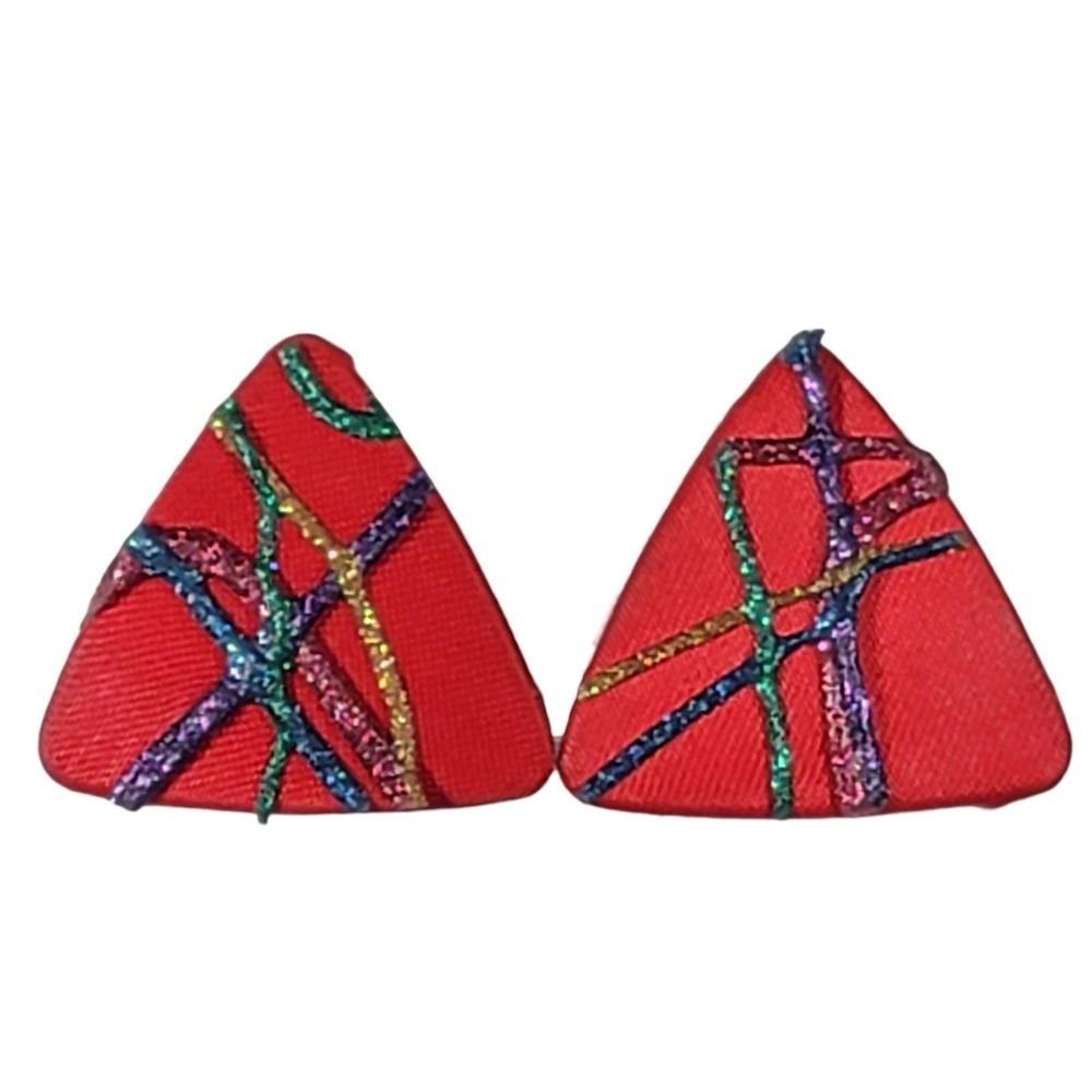 VTG 80s Red Puffy Paint Statement Earrings Glitter Memphis Style Triangle Stud